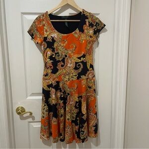 Lauren Ralph Lauren Petite PS Paisley Fit & Flare Dress Orange Navy‎ Multicolor